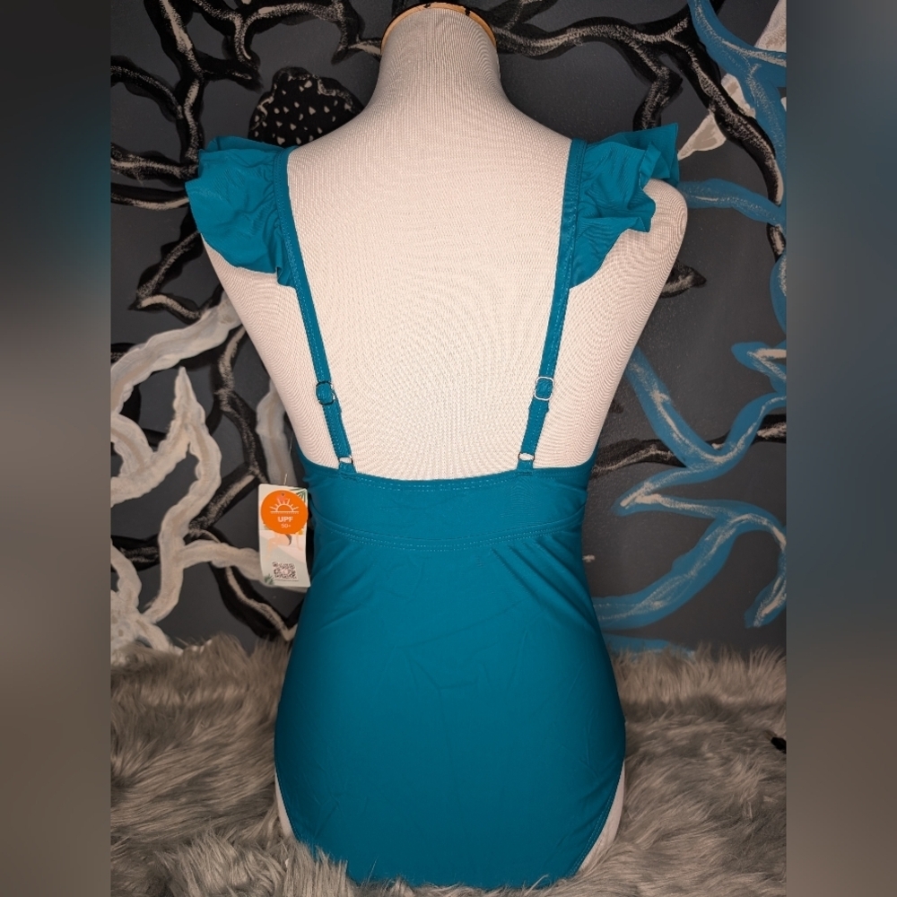 NWT Teal Ruffle One-Piece Swimsuit - Picture 3 of 6